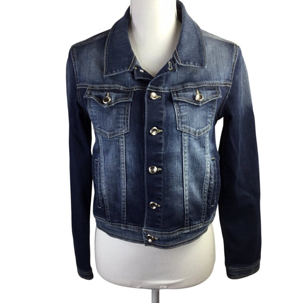 Kancan Denim Jacket Trucker Stretch Dark Wash Blue Denim Size Medium Button